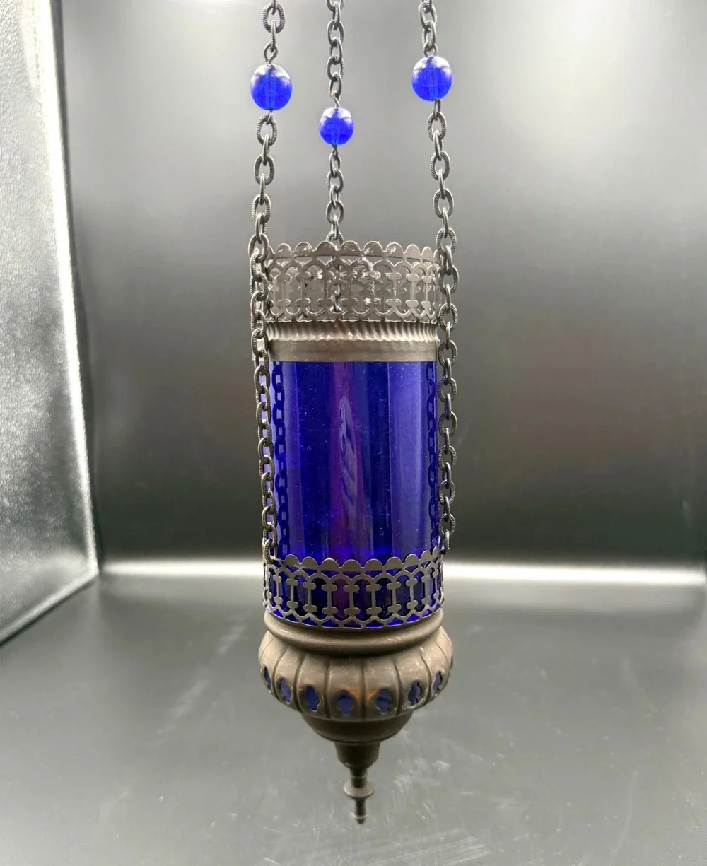 Hanging Metal Orthodox Sanctuary Vigil Lamp Candle Holder Cobalt Blue Ornate